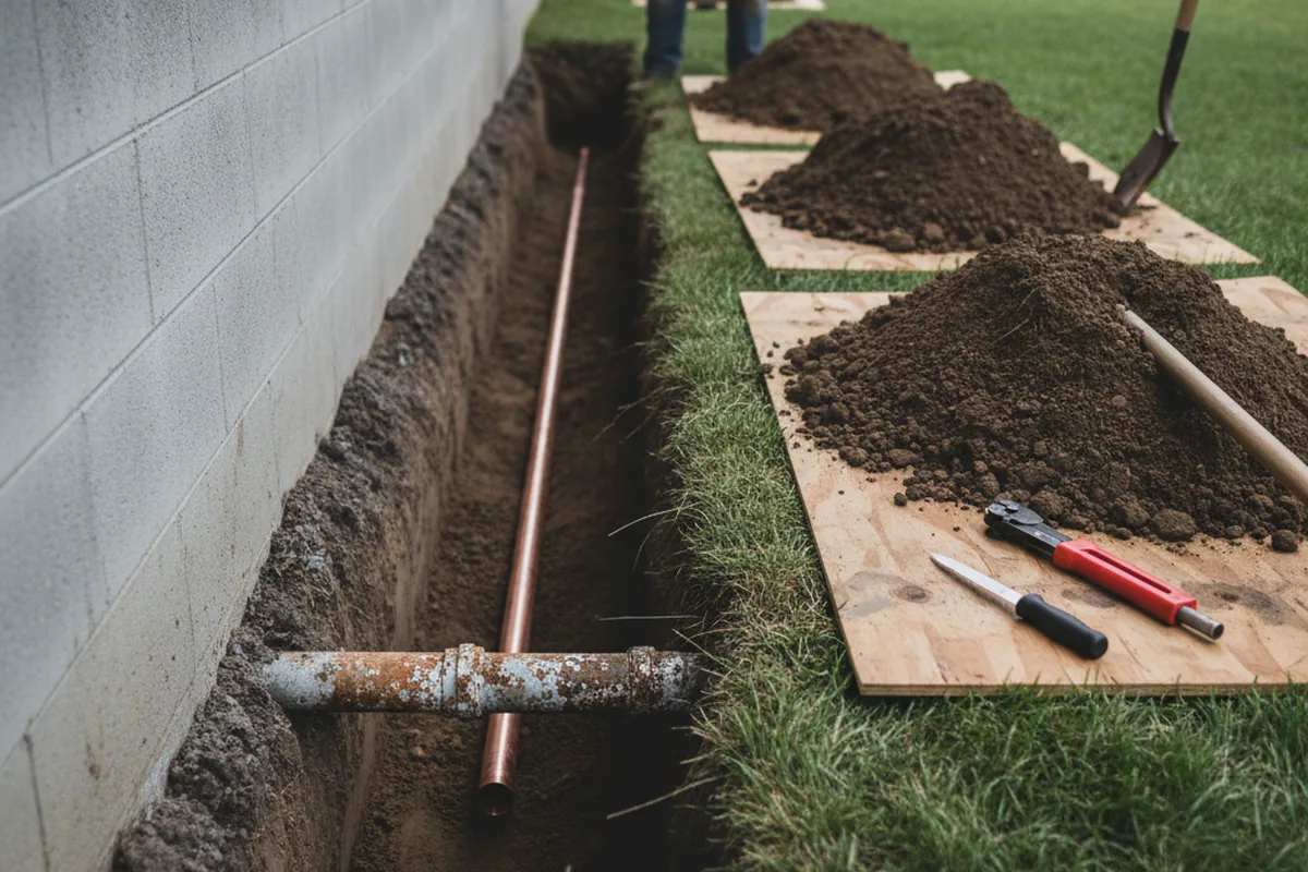 Excavated water line trench during Water Heater Repair in Wingate
